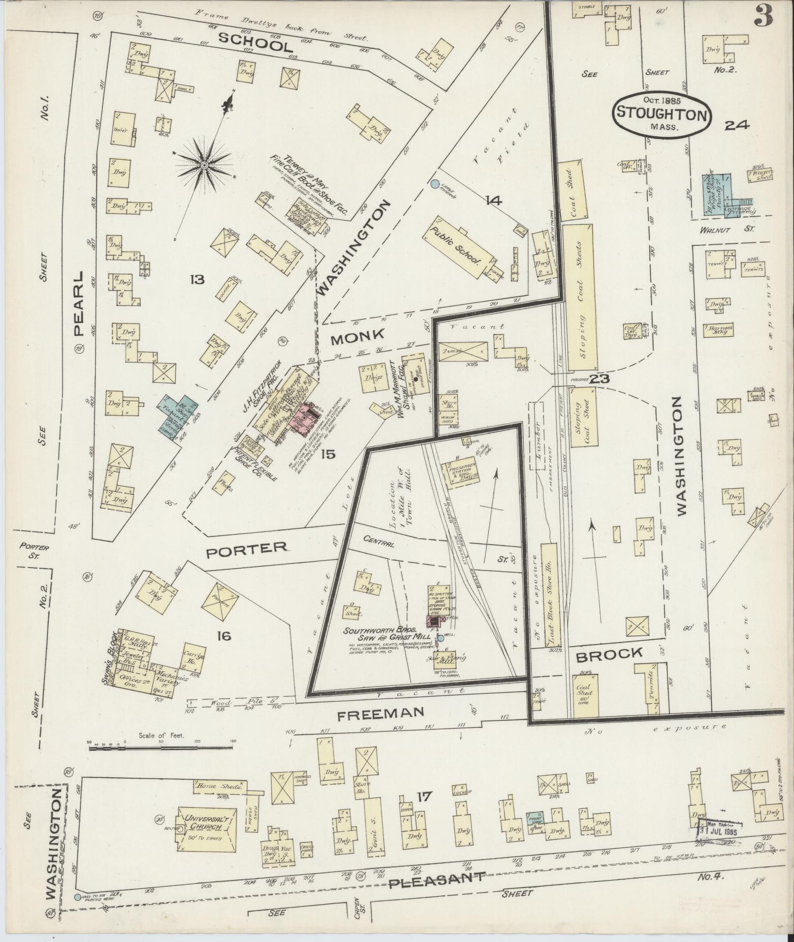 Sanborn Fire Insurance Map from Stoughton, Norfolk County, Massachusetts (1885), Sheet #0003 - Historic Sanborn Fire Insurance Map Print, vintage old map wall art, antique decor, genealogy gift, Massachusetts Massachusetts map