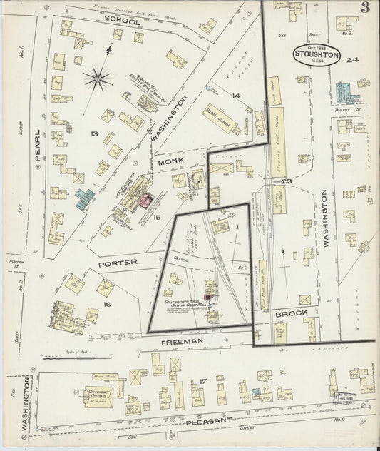 Sanborn Fire Insurance Map from Stoughton, Norfolk County, Massachusetts (1885), Sheet #0003 - Historic Sanborn Fire Insurance Map Print, vintage old map wall art, antique decor, genealogy gift, Massachusetts Massachusetts map