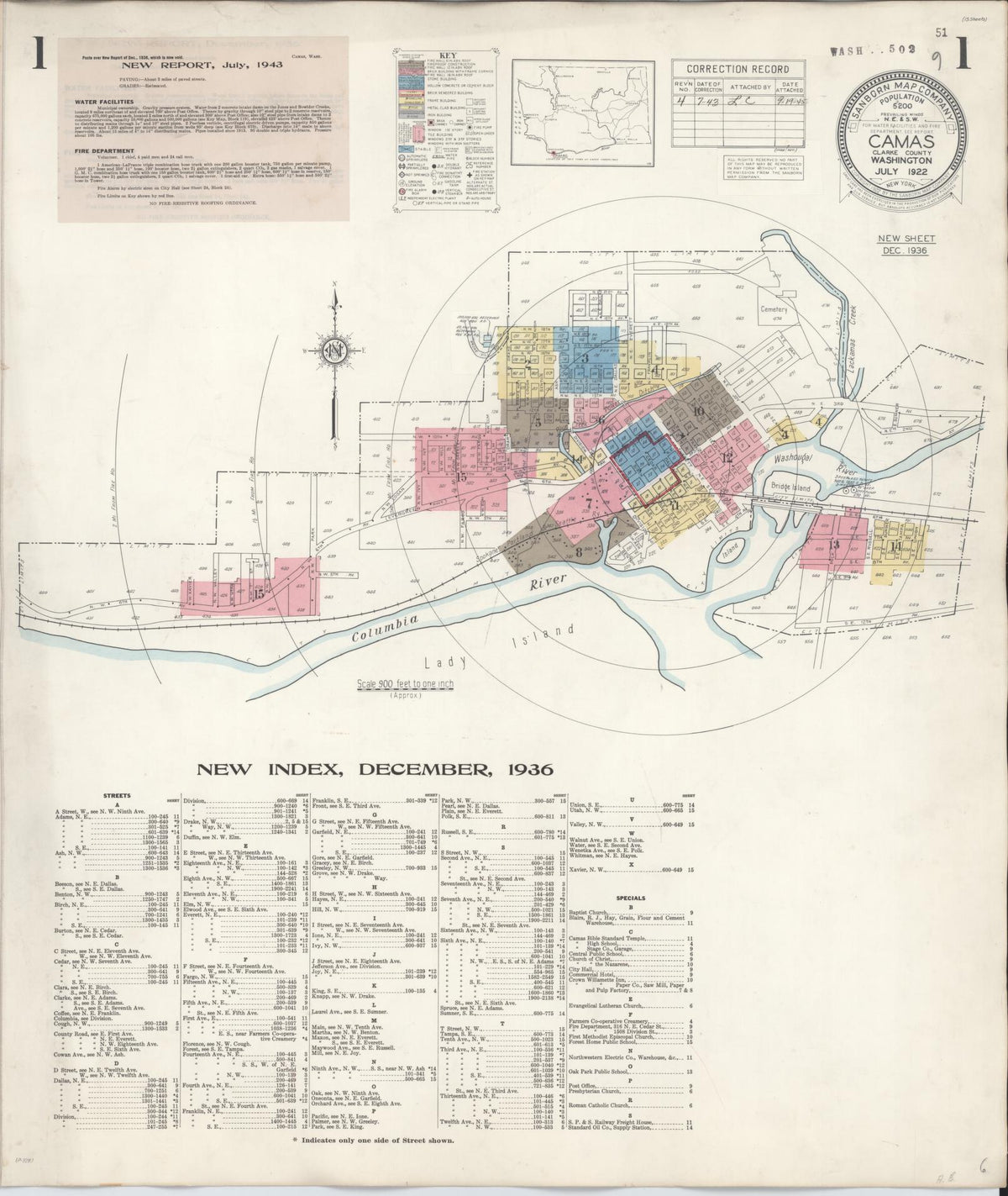 Sanborn Fire Insurance Map from Camas, Clark County, Washington (1943), Sheet #0001 - Historic Sanborn Fire Insurance Map Print, vintage old map wall art, antique decor, genealogy gift, Washington Washington map