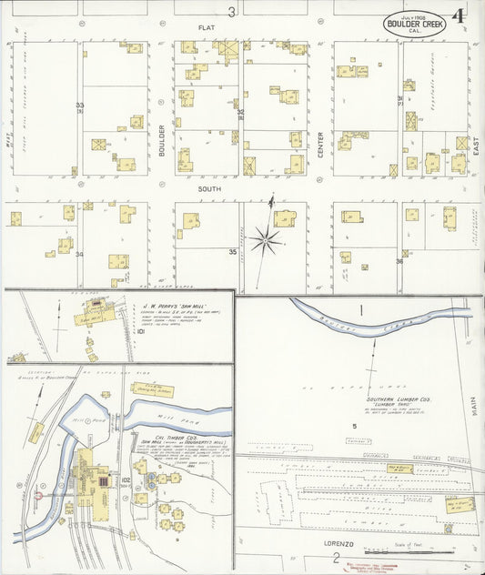 Sanborn Fire Insurance Map from Boulder Creek, Santa Cruz County, California (1908), Sheet #0004 - Historic Sanborn Fire Insurance Map Print, vintage old map wall art, antique decor, genealogy gift, California California map