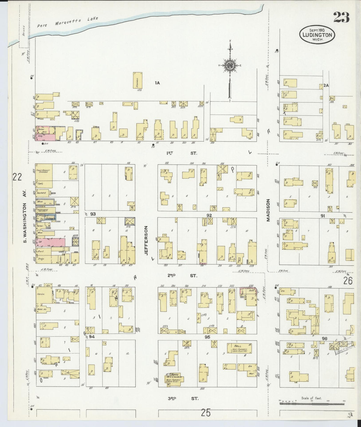 Sanborn Fire Insurance Map from Ludington, Mason County, Michigan (1910), Sheet #0023 - Historic Sanborn Fire Insurance Map Print, vintage old map wall art, antique decor, genealogy gift, Michigan Michigan map