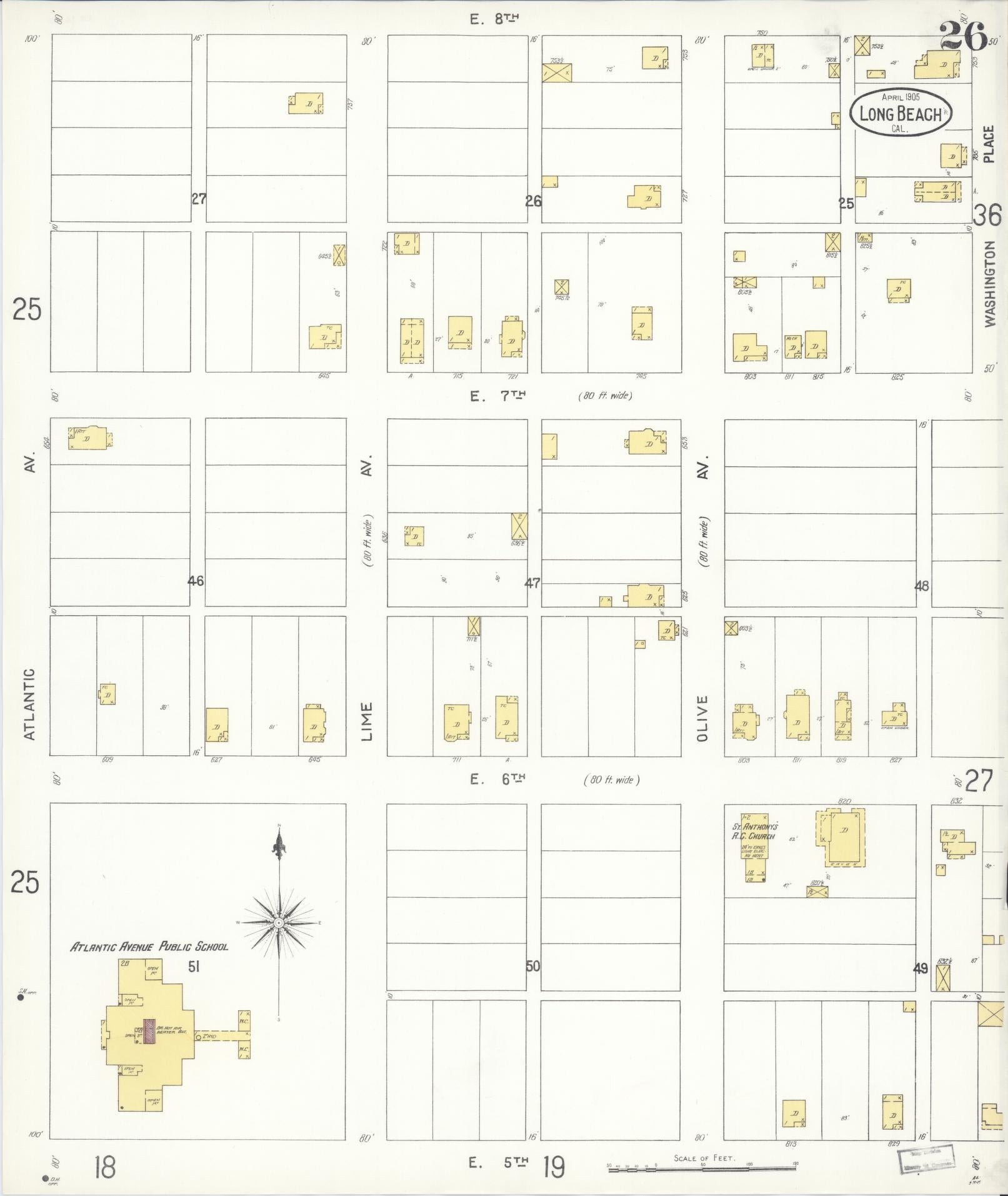 Sanborn Fire Insurance Map from Long Beach, Los Angeles County, California (1905), Sheet #0026 - Historic Sanborn Fire Insurance Map Print, vintage old map wall art, antique decor, genealogy gift, California California map