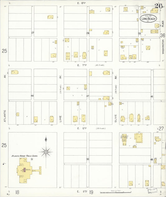 Sanborn Fire Insurance Map from Long Beach, Los Angeles County, California (1905), Sheet #0026 - Historic Sanborn Fire Insurance Map Print, vintage old map wall art, antique decor, genealogy gift, California California map