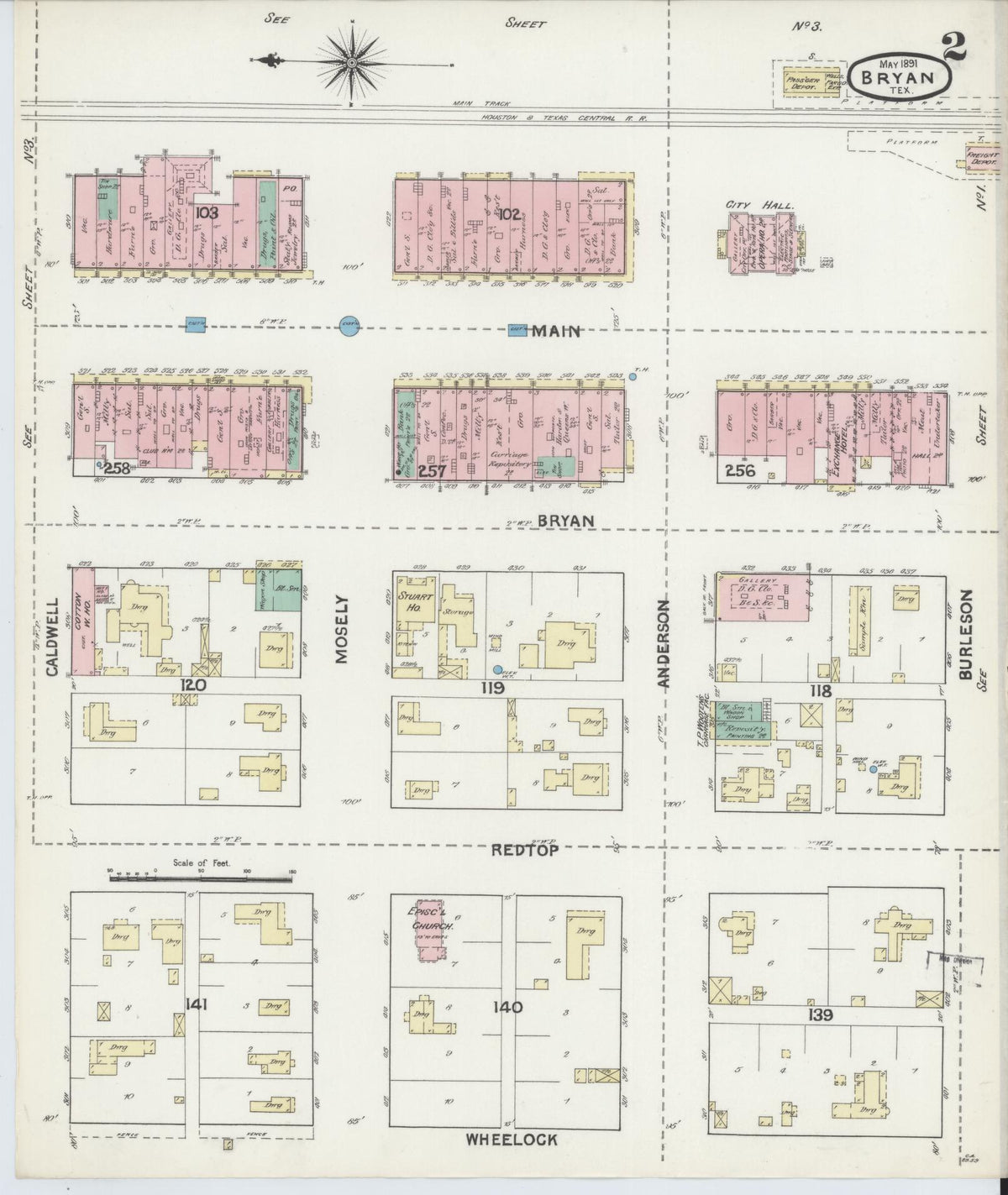 Sanborn Fire Insurance Map from Bryan, Brazos County, Texas (1891), Sheet #0002 - Complete Map Set gallery image, historic Sanborn map, vintage wall art, Texas Texas