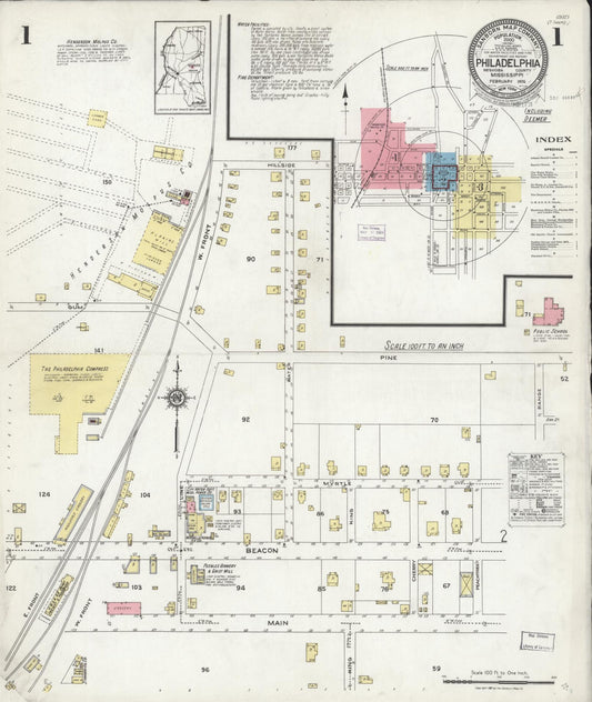 Sanborn Fire Insurance Map from Philadelphia, Neshoba County, Mississippi (1926), Sheet #0001 - Historic Sanborn Fire Insurance Map Print, vintage old map wall art, antique decor, genealogy gift, Mississippi Mississippi map