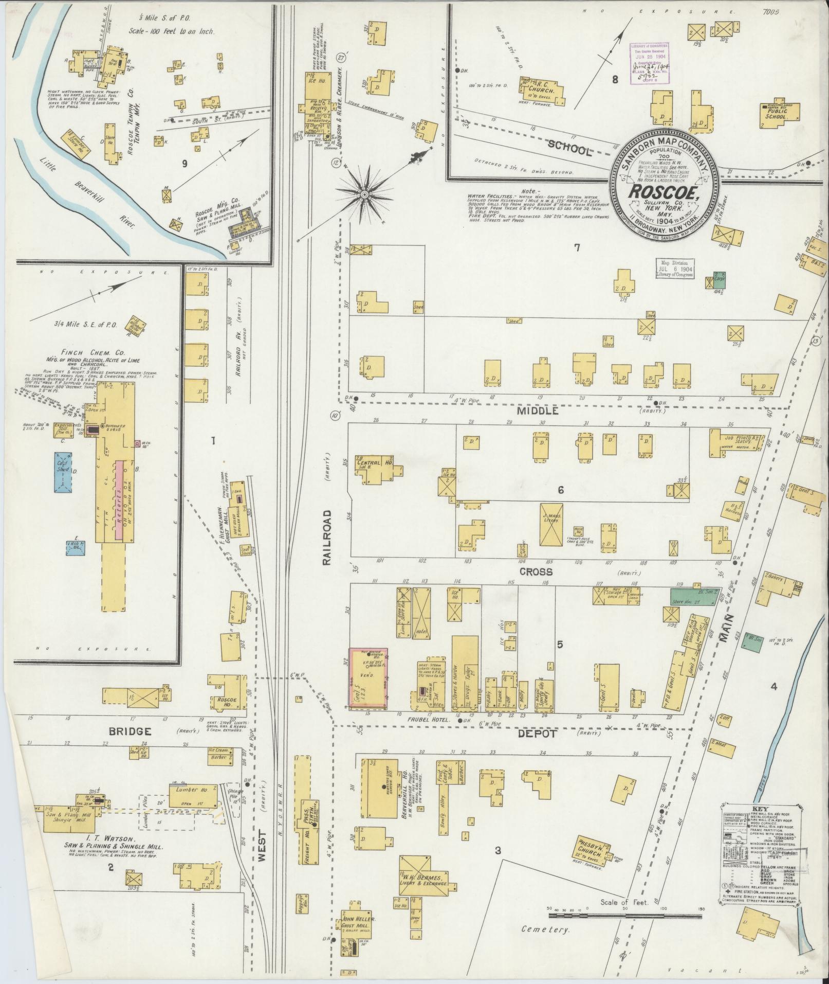 Sanborn Fire Insurance Map from Roscoe, Sullivan County, New York (1904), Sheet #0001 - Historic Sanborn Fire Insurance Map Print, vintage old map wall art, antique decor, genealogy gift, New York New York map
