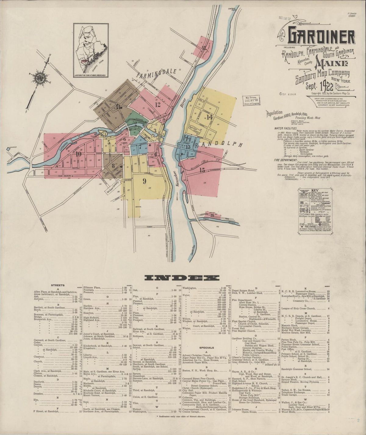 Sanborn Fire Insurance Map from Gardiner, Kennebec County, Maine (1922), Sheet #0001 - Historic Sanborn Fire Insurance Map Print, vintage old map wall art, antique decor, genealogy gift, Maine Maine map