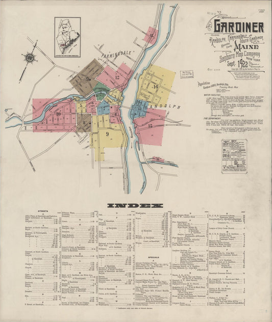 Sanborn Fire Insurance Map from Gardiner, Kennebec County, Maine (1922), Sheet #0001 - Historic Sanborn Fire Insurance Map Print, vintage old map wall art, antique decor, genealogy gift, Maine Maine map