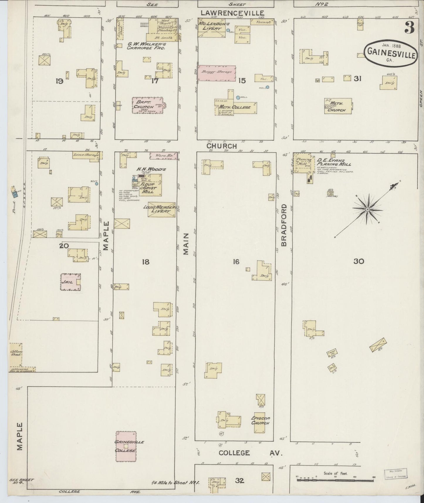 Sanborn Fire Insurance Map from Gainesville, Hall County, Georgia (1888), Sheet #0003 - Complete Map Set gallery image, historic Sanborn map, vintage wall art, Georgia Georgia