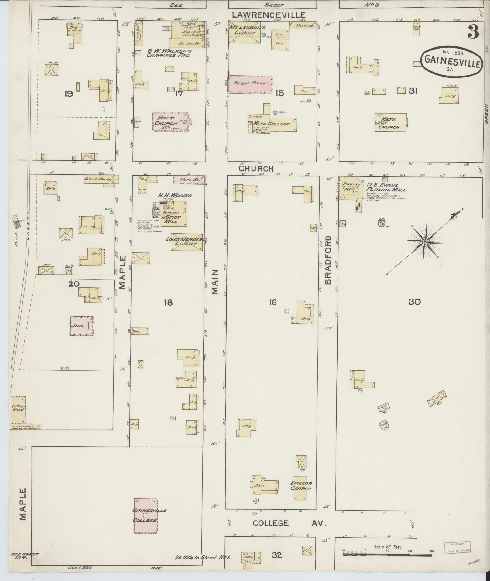 Sanborn Fire Insurance Map from Gainesville, Hall County, Georgia (1888), Sheet #0003 - Complete Map Set gallery image, historic Sanborn map, vintage wall art, Georgia Georgia