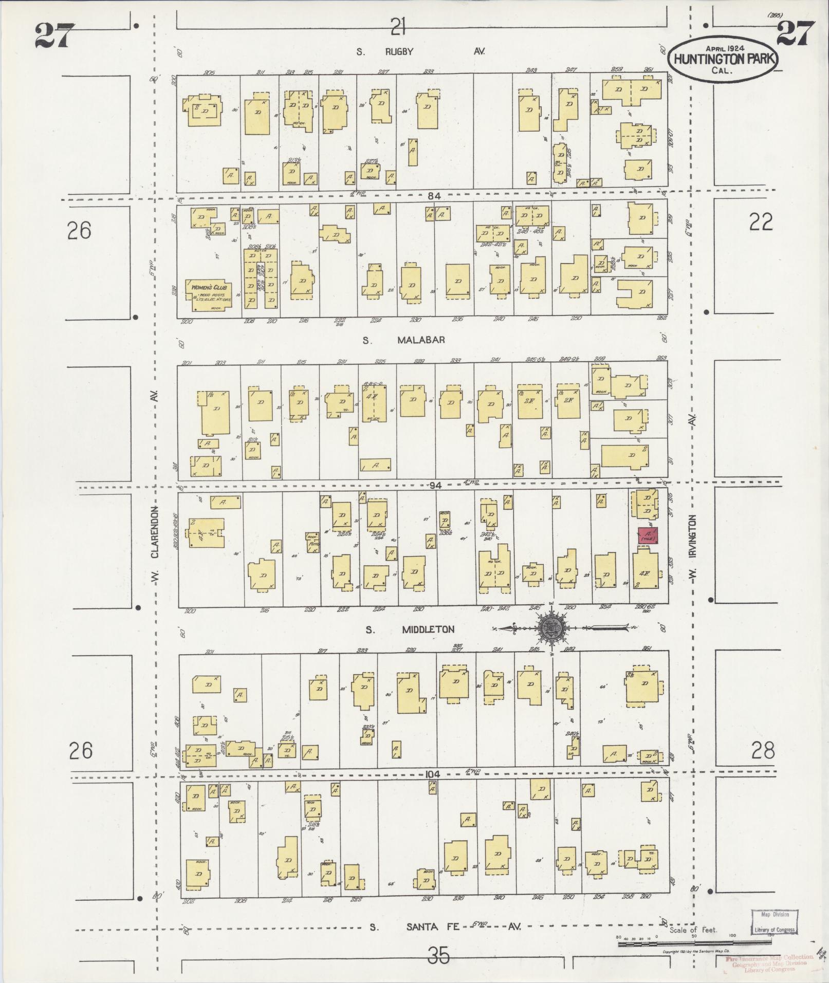 Sanborn Fire Insurance Map from Huntington Park, Los Angeles County, California (1924), Sheet #0027 - Historic Sanborn Fire Insurance Map Print, vintage old map wall art, antique decor, genealogy gift, California California map