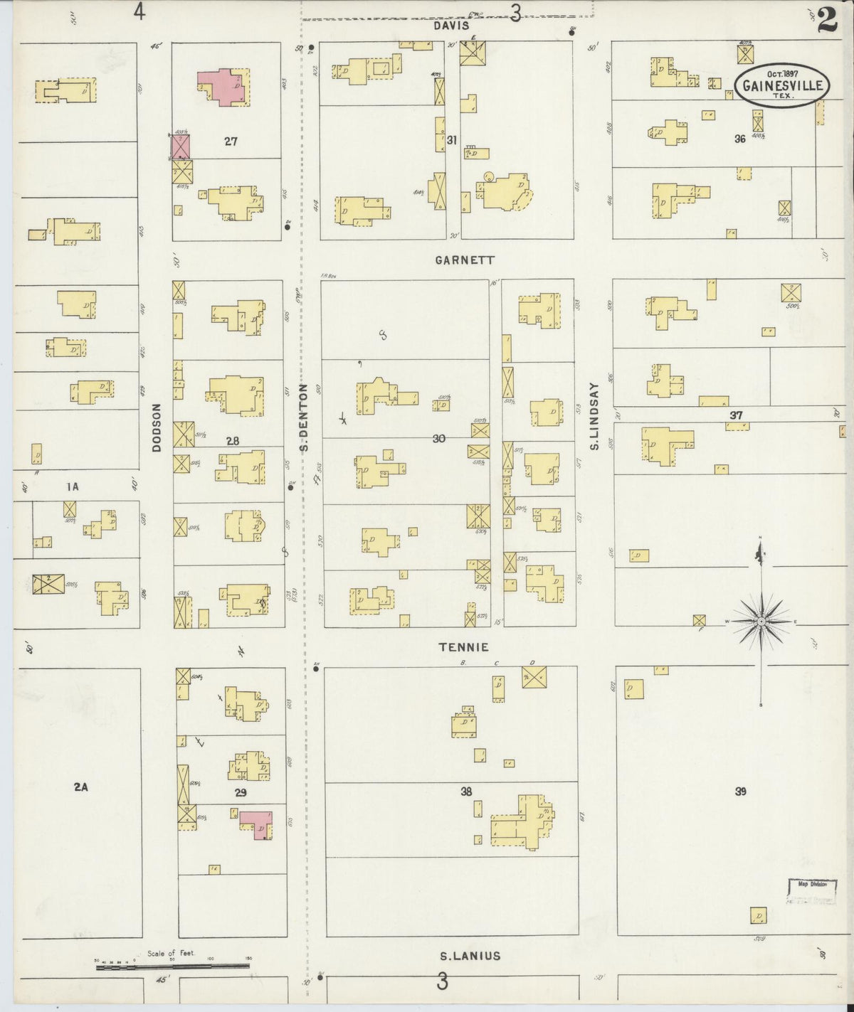 Sanborn Fire Insurance Map from Gainesville, Cooke County, Texas (1897), Sheet #0002 - Historic Sanborn Fire Insurance Map Print, vintage old map wall art, antique decor, genealogy gift, Texas Texas map