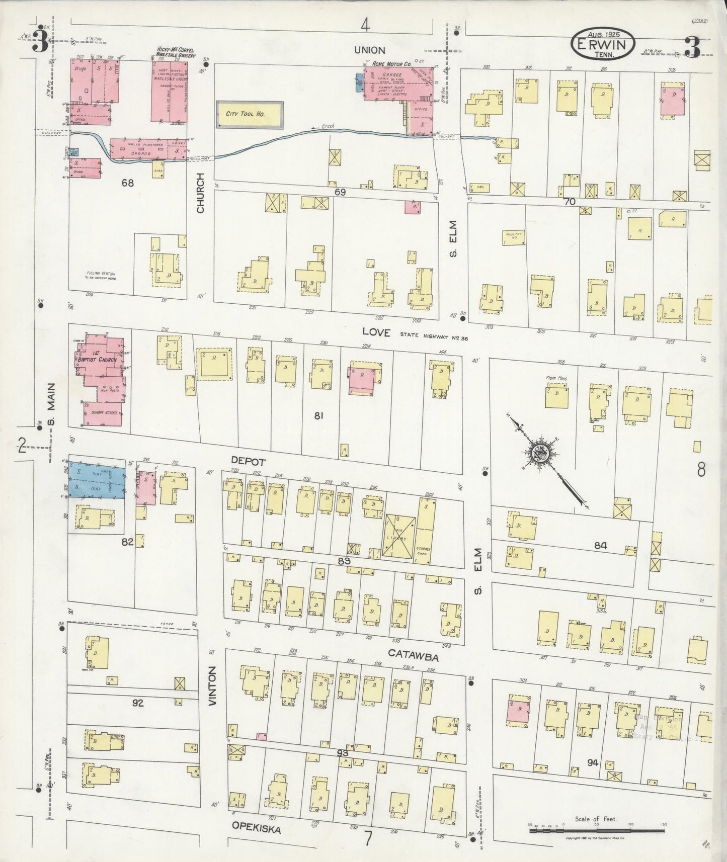 Sanborn Fire Insurance Map from Erwin, Unicoi County, Tennessee (1925), Sheet #0003 - Complete Map Set gallery image, historic Sanborn map, vintage wall art, Tennessee Tennessee