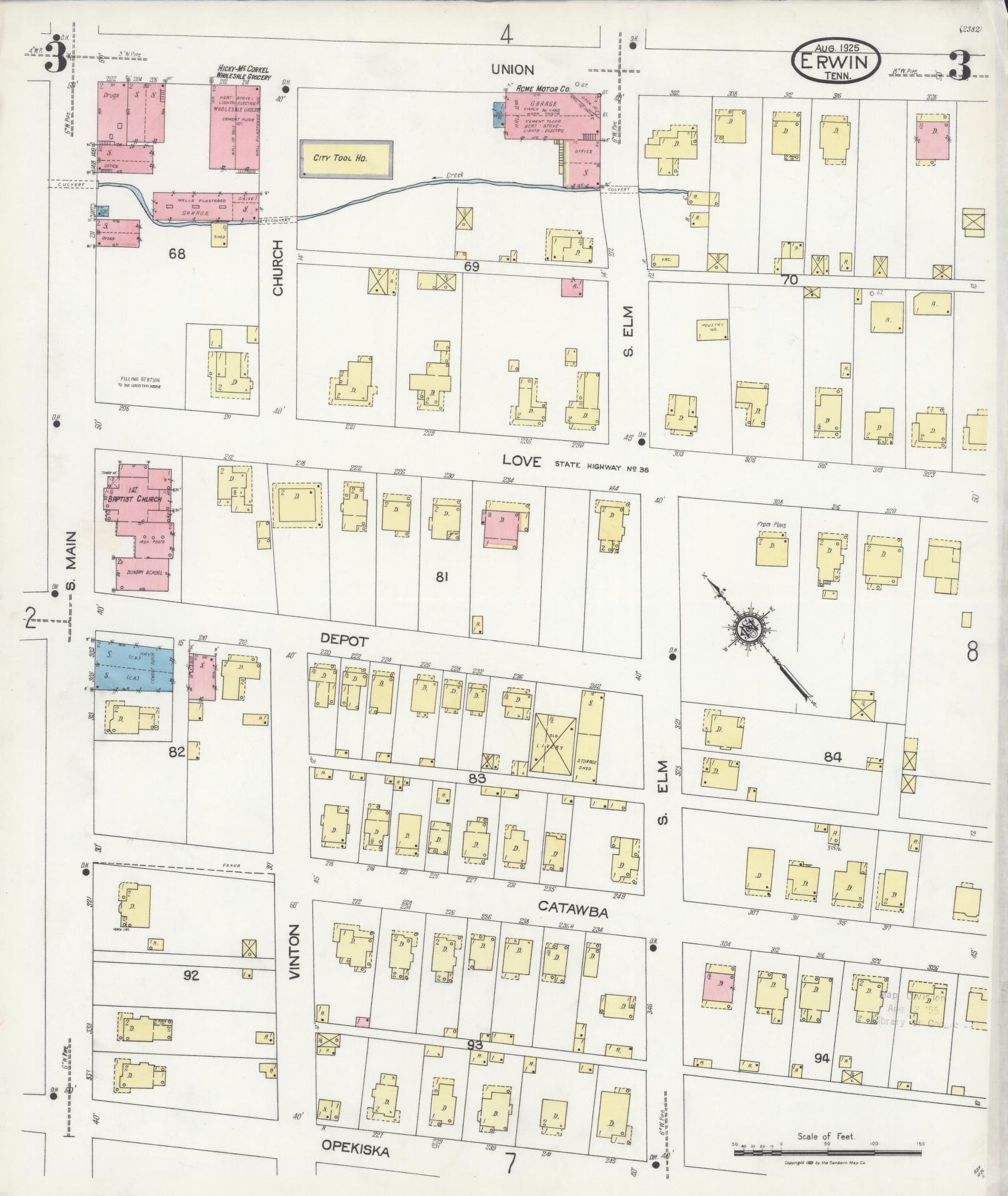 Sanborn Fire Insurance Map from Erwin, Unicoi County, Tennessee (1925), Sheet #0003 - Complete Map Set gallery image, historic Sanborn map, vintage wall art, Tennessee Tennessee