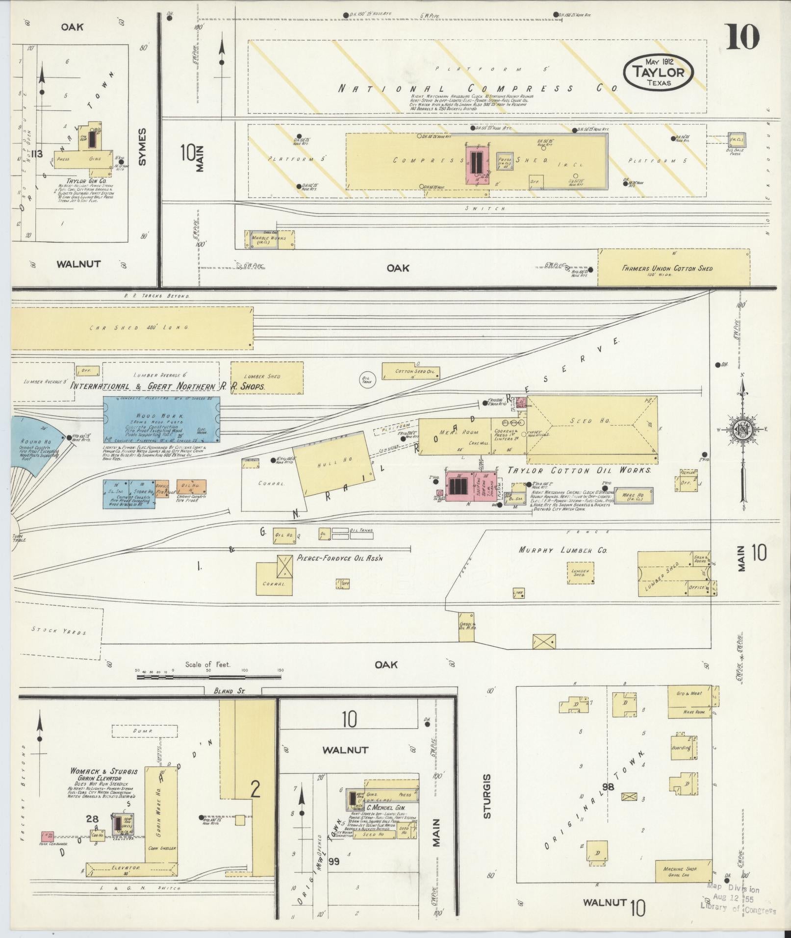 Sanborn Fire Insurance Map from Taylor, Williamson County, Texas (1912), Sheet #0010 - Historic Sanborn Fire Insurance Map Print, vintage old map wall art, antique decor, genealogy gift, Texas Texas map