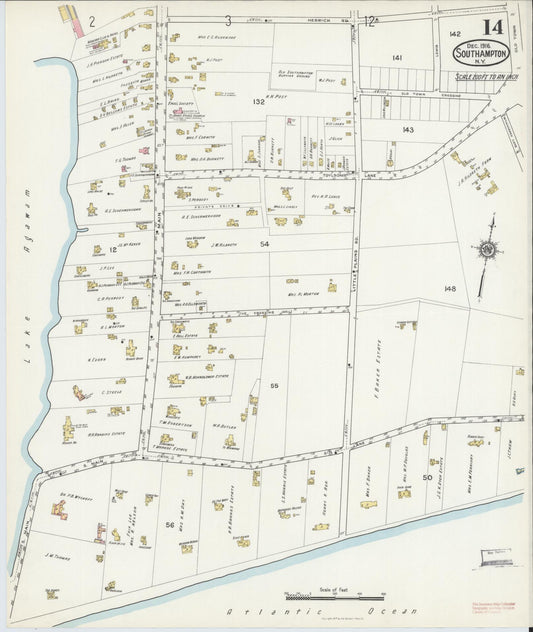 Sanborn Fire Insurance Map from Southampton, Suffolk County, New York (1916), Sheet #0014 - Historic Sanborn Fire Insurance Map Print, vintage old map wall art, antique decor, genealogy gift, New York New York map