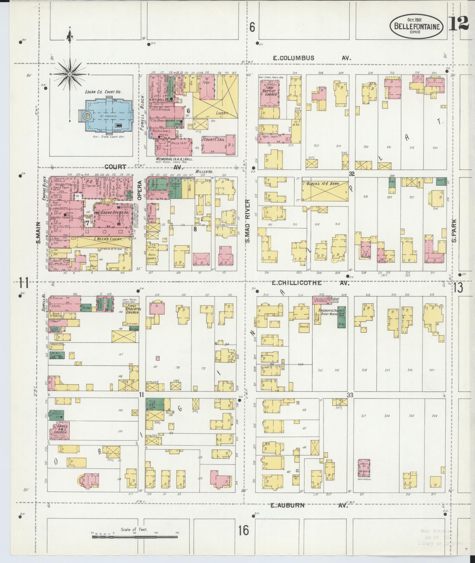 Sanborn Fire Insurance Map from Bellefontaine, Logan County, Ohio (1901), Sheet #0012 - Historic Sanborn Fire Insurance Map Print, vintage old map wall art, antique decor, genealogy gift, Ohio Ohio map