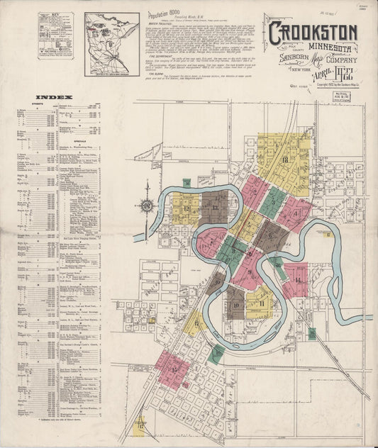 Sanborn Fire Insurance Map from Crookston, Polk County, Minnesota (1922), Sheet #0001 - Historic Sanborn Fire Insurance Map Print, vintage old map wall art, antique decor, genealogy gift, Minnesota Minnesota map