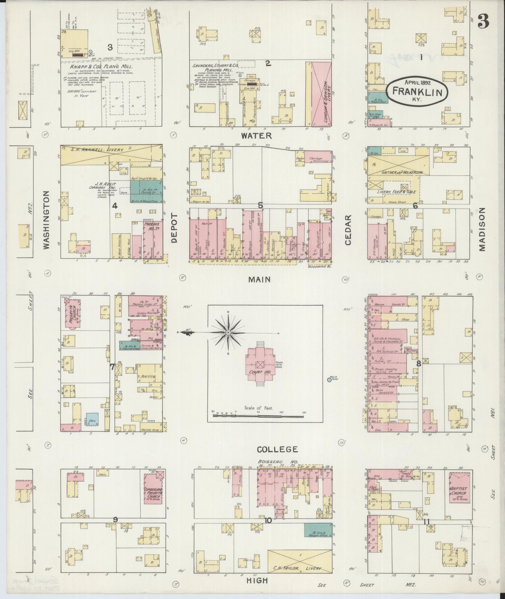 Sanborn Fire Insurance Map from Franklin, Simpson County, Kentucky (1892), Sheet #0003 - Complete Map Set gallery image, historic Sanborn map, vintage wall art, Kentucky Kentucky