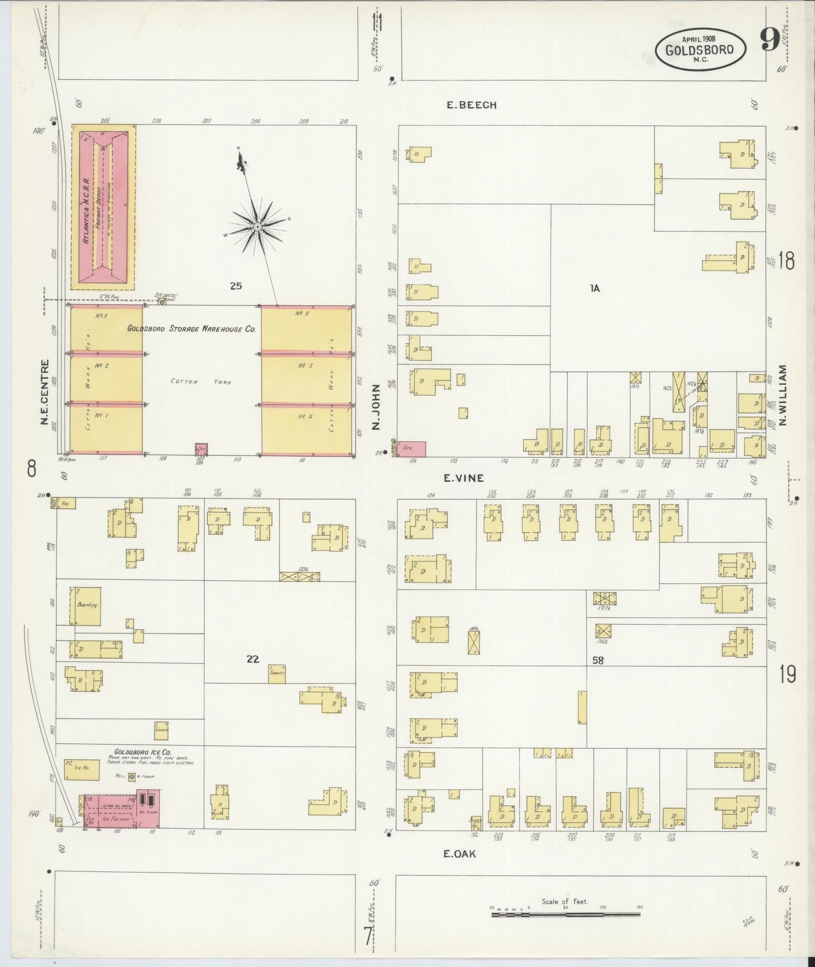 Sanborn Fire Insurance Map from Goldsboro, Wayne County, North Carolina (1908), Sheet #0009 - Complete Map Set gallery image, historic Sanborn map, vintage wall art, North Carolina North Carolina