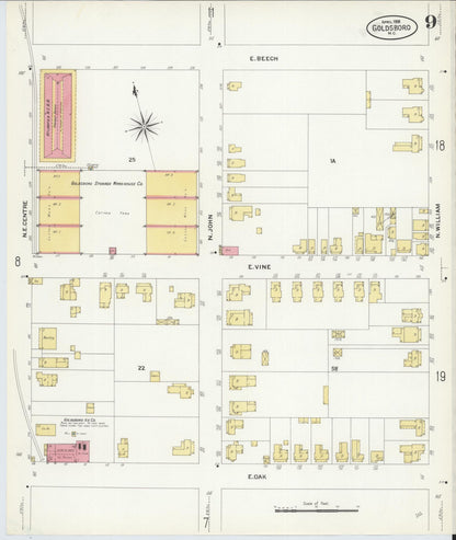 Sanborn Fire Insurance Map from Goldsboro, Wayne County, North Carolina (1908), Sheet #0009 - Complete Map Set gallery image, historic Sanborn map, vintage wall art, North Carolina North Carolina