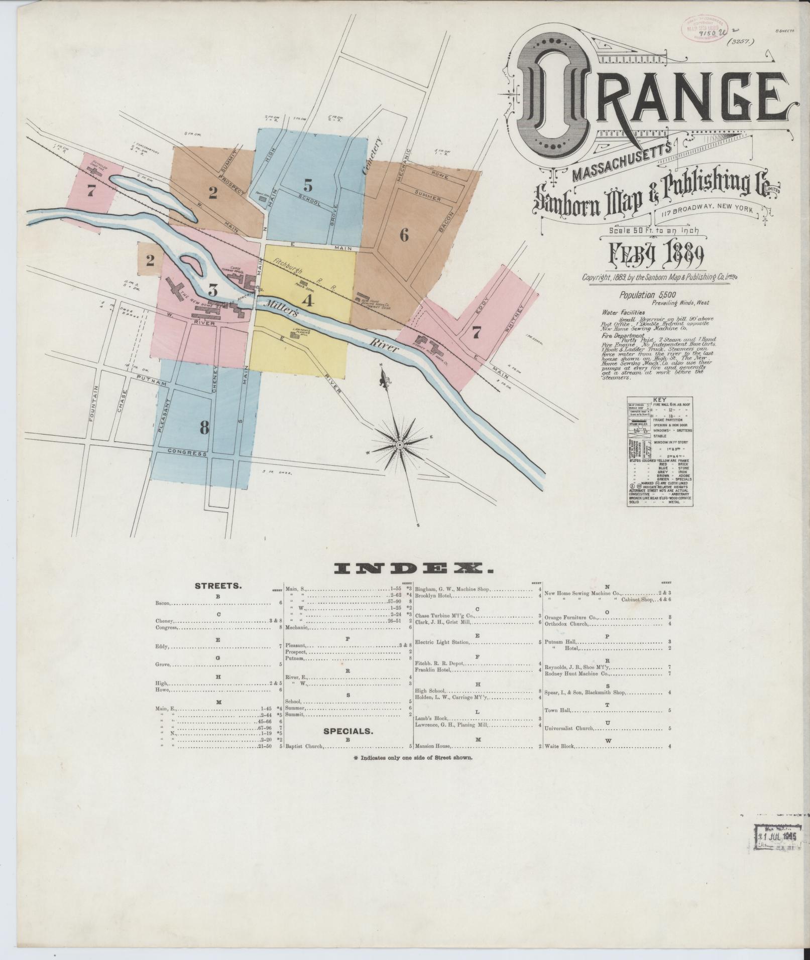Sanborn Fire Insurance Map from Orange, Franklin County, Massachusetts (1889), Sheet #0001 - Complete Map Set gallery image, historic Sanborn map, vintage wall art, Massachusetts Massachusetts