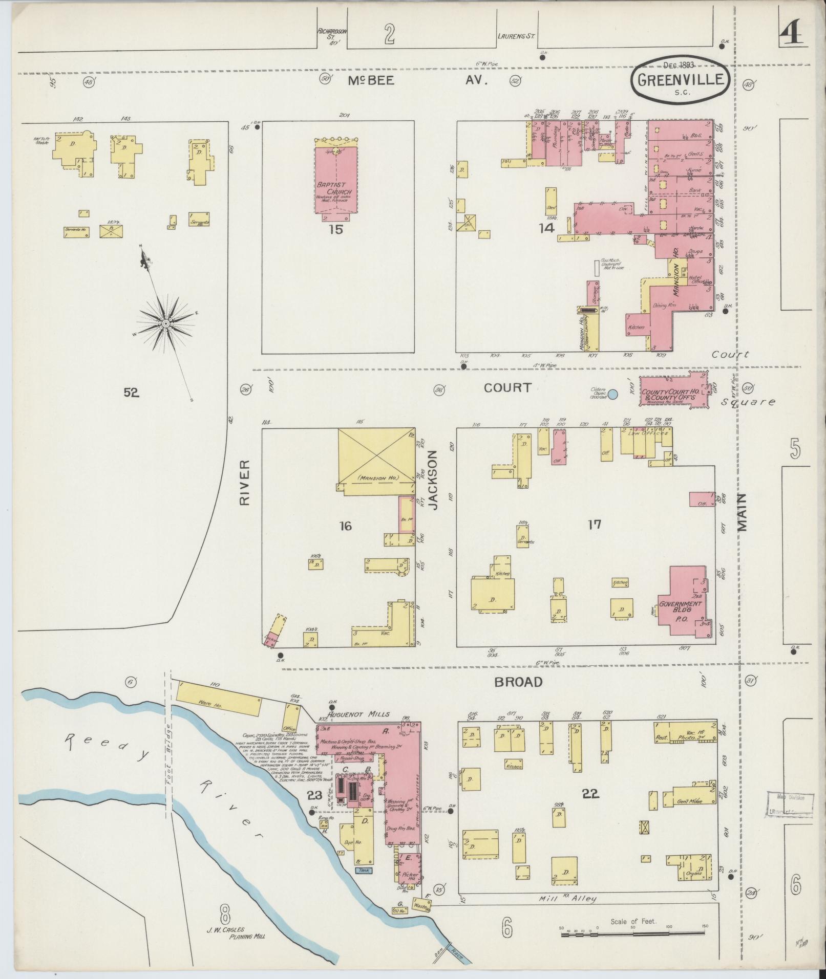 Sanborn Fire Insurance Map from Greenville, Greenville County, South Carolina (1893), Sheet #0004 - Complete Map Set gallery image, historic Sanborn map, vintage wall art, South Carolina South Carolina