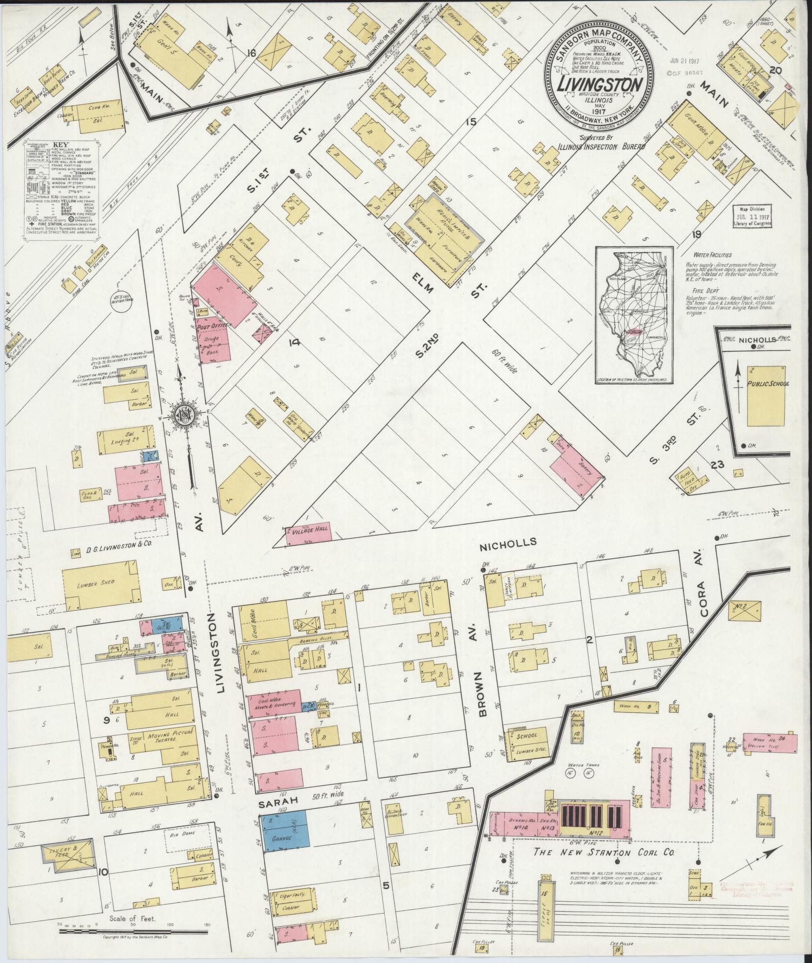 Sanborn Fire Insurance Map from Livingston, Madison County, Illinois (1917), Sheet #0001 - Historic Sanborn Fire Insurance Map Print, vintage old map wall art, antique decor, genealogy gift, Illinois Illinois map