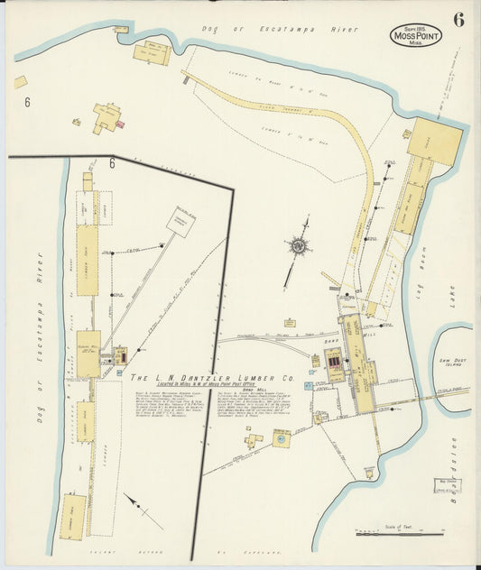 Sanborn Fire Insurance Map from Moss Point, Jackson County, Mississippi (1915), Sheet #0006 - Historic Sanborn Fire Insurance Map Print, vintage old map wall art, antique decor, genealogy gift, Mississippi Mississippi map