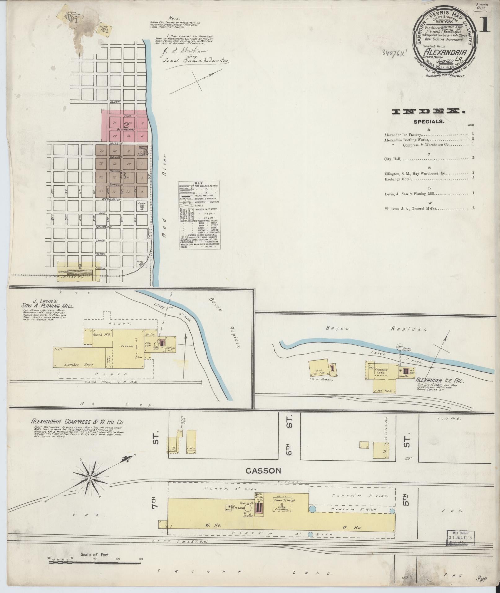 Sanborn Fire Insurance Map from Alexandria, Rapides Parish, Louisiana. (1892) – Historic Sanborn Fire Insurance Map Print