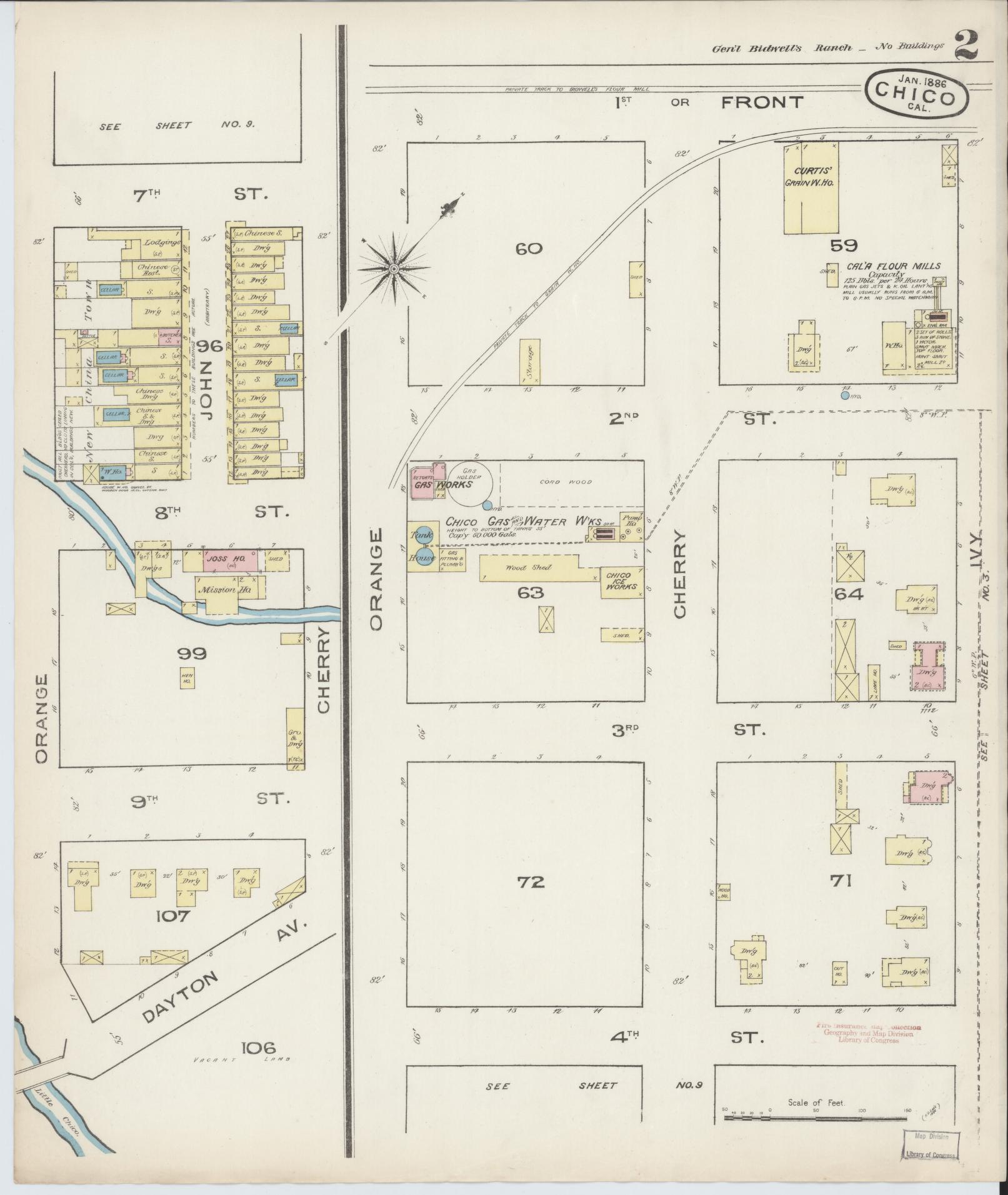 Sanborn Fire Insurance Map from Chico, Butte County, California (1886), Sheet #0002 - Historic Sanborn Fire Insurance Map Print, vintage old map wall art, antique decor, genealogy gift, California California map