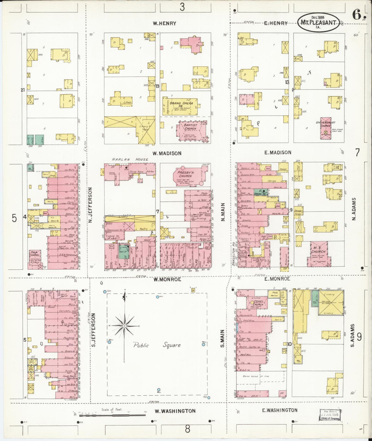 Sanborn Fire Insurance Map from Mount Pleasant, Henry County, Iowa (1899), Sheet #0006 - Historic Sanborn Fire Insurance Map Print, vintage old map wall art
