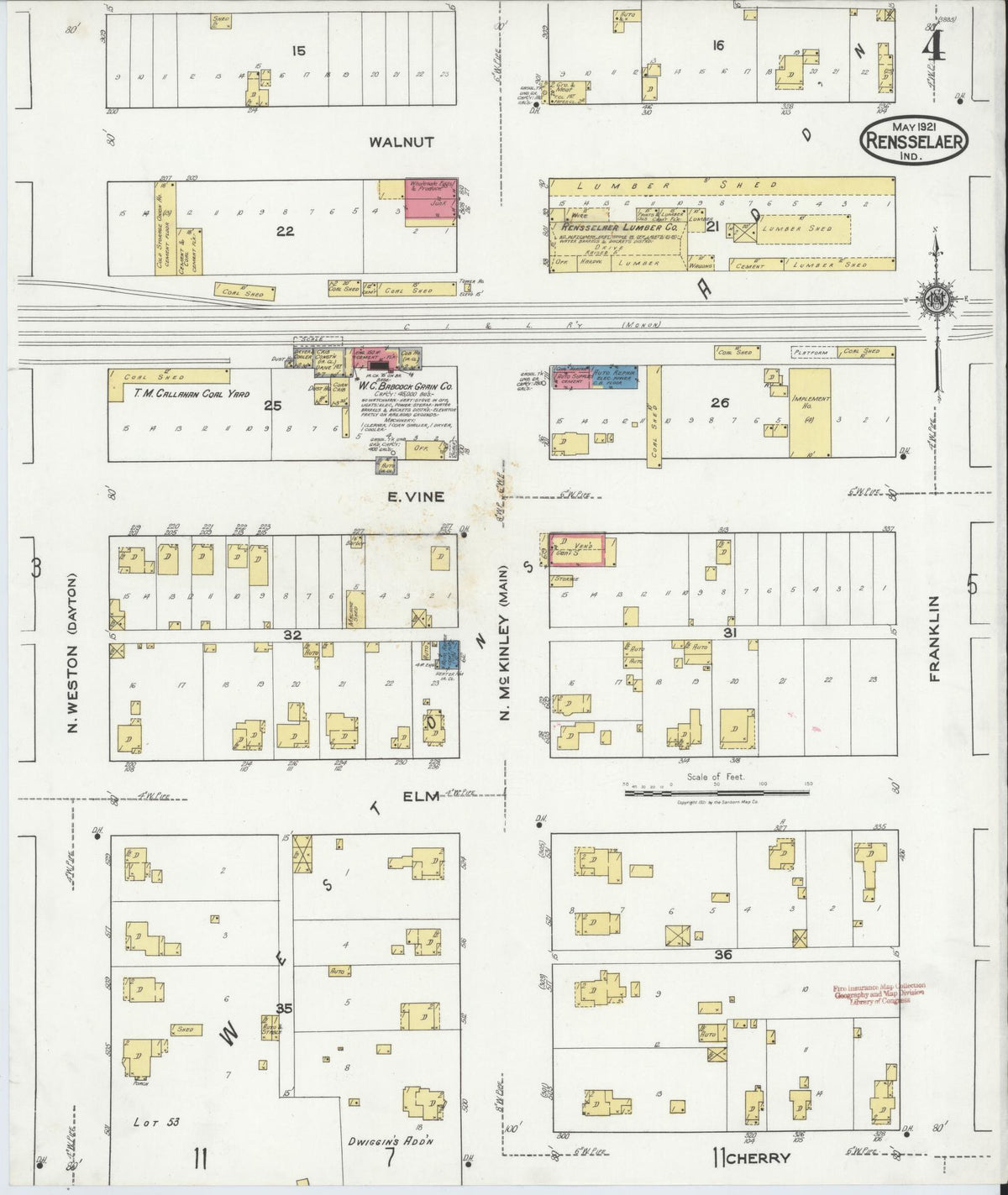 Sanborn Fire Insurance Map from Rensselaer, Jasper County, Indiana (1921), Sheet #0004 - Historic Sanborn Fire Insurance Map Print, vintage old map wall art, antique decor, genealogy gift, Indiana Indiana map