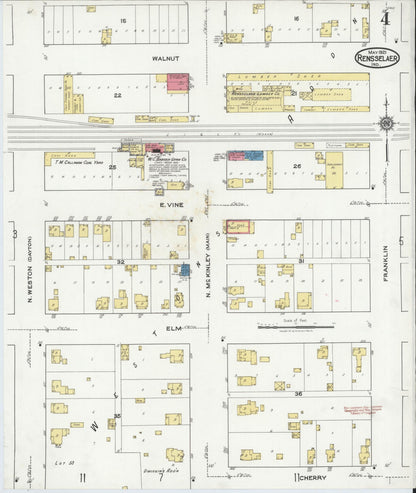 Sanborn Fire Insurance Map from Rensselaer, Jasper County, Indiana (1921), Sheet #0004 - Historic Sanborn Fire Insurance Map Print, vintage old map wall art, antique decor, genealogy gift, Indiana Indiana map