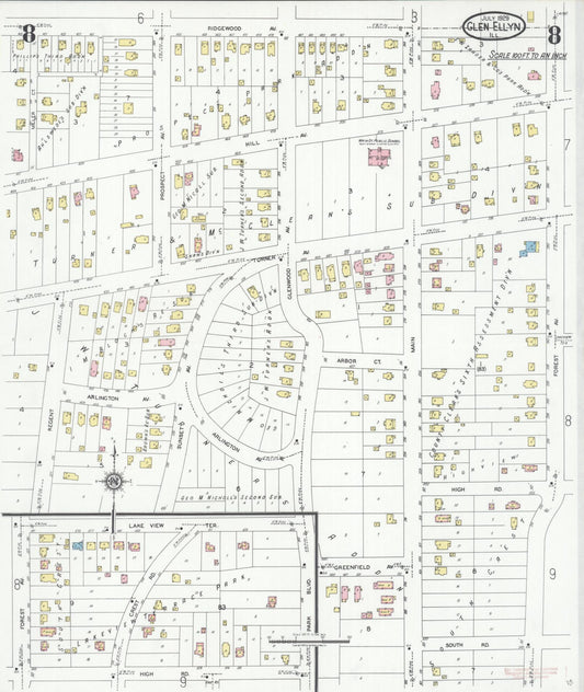 Sanborn Fire Insurance Map from Glen Ellyn, Du Page County, Illinois (1929), Sheet #0008 - Historic Sanborn Fire Insurance Map Print, vintage old map wall art, antique decor, genealogy gift, Illinois Illinois map