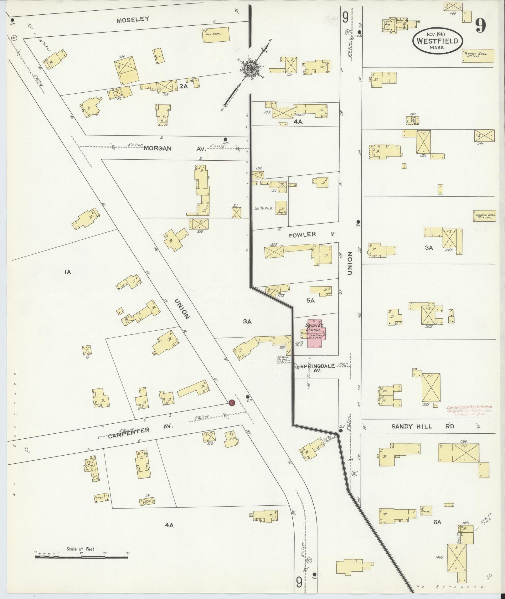 Sanborn Fire Insurance Map from Westfield, Hampden County, Massachusetts (1910), Sheet #0009 - Historic Sanborn Fire Insurance Map Print, vintage old map wall art, antique decor, genealogy gift, Massachusetts Massachusetts map