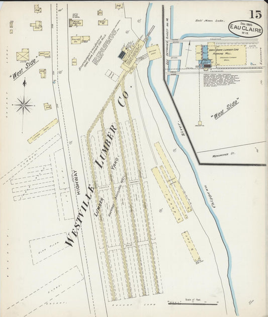Sanborn Fire Insurance Map from Eau Claire, Eau Claire County, Wisconsin (1885), Sheet #0015 - Historic Sanborn Fire Insurance Map Print, vintage old map wall art, antique decor, genealogy gift, Wisconsin Wisconsin map