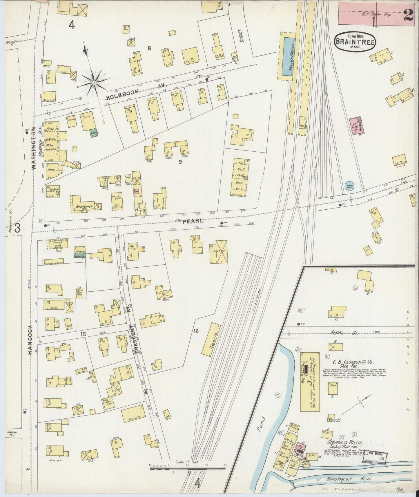 Sanborn Fire Insurance Map from Braintree, Norfolk County, Massachusetts (1896), Sheet #0002 - Complete Map Set gallery image, historic Sanborn map, vintage wall art, Massachusetts Massachusetts