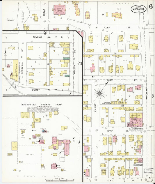 Sanborn Fire Insurance Map from Muscatine, Muscatine County, Iowa (1899), Sheet #0006 - Historic Sanborn Fire Insurance Map Print, vintage old map wall art