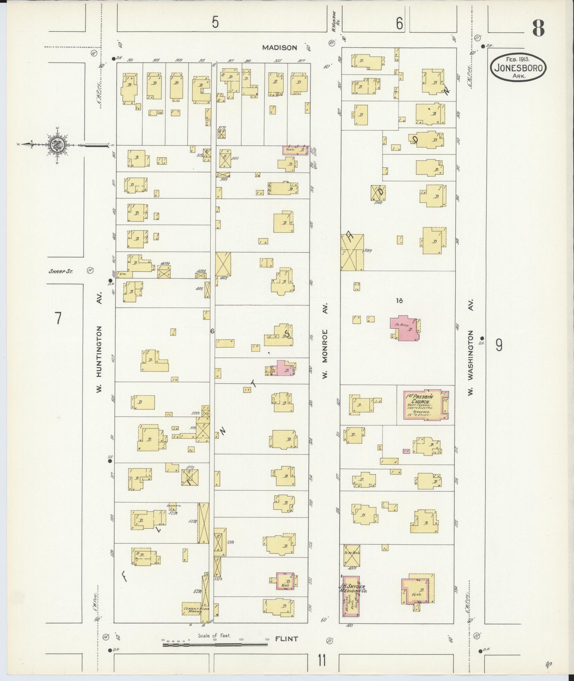 Sanborn Fire Insurance Map from Jonesboro, Craighead County, Arkansas (1913), Sheet #0008 - Historic Sanborn Fire Insurance Map Print, vintage old map wall art, antique decor, genealogy gift, Arkansas Arkansas map