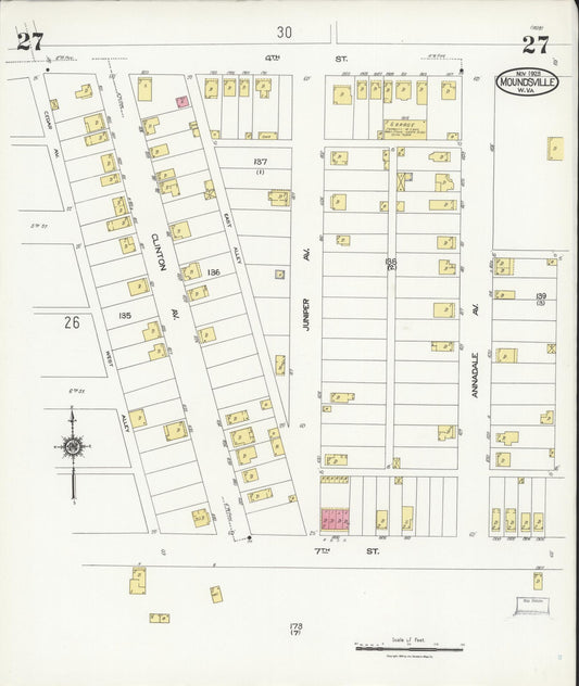 Sanborn Fire Insurance Map from Moundsville, Marshall County, West Virginia (1923), Sheet #0027 - Historic Sanborn Fire Insurance Map Print, vintage old map wall art, antique decor, genealogy gift, West Virginia West Virginia map