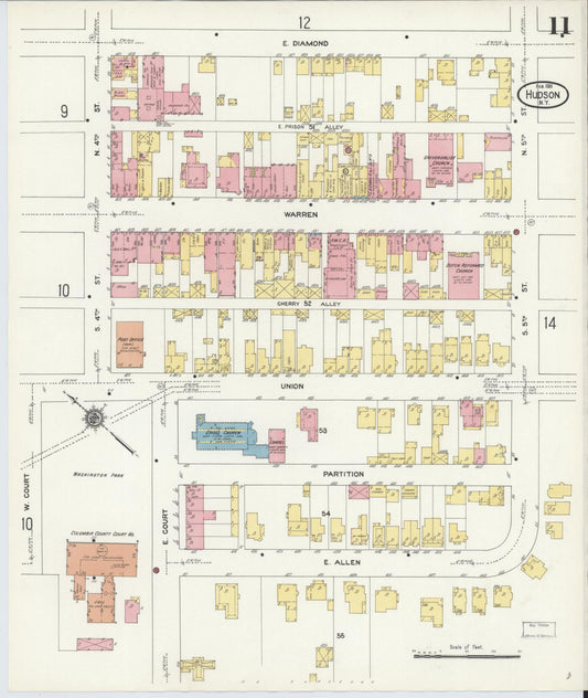 Sanborn Fire Insurance Map from Hudson, Columbia County, New York (1911), Sheet #0011 - Historic Sanborn Fire Insurance Map Print, vintage old map wall art, antique decor, genealogy gift, New York New York map
