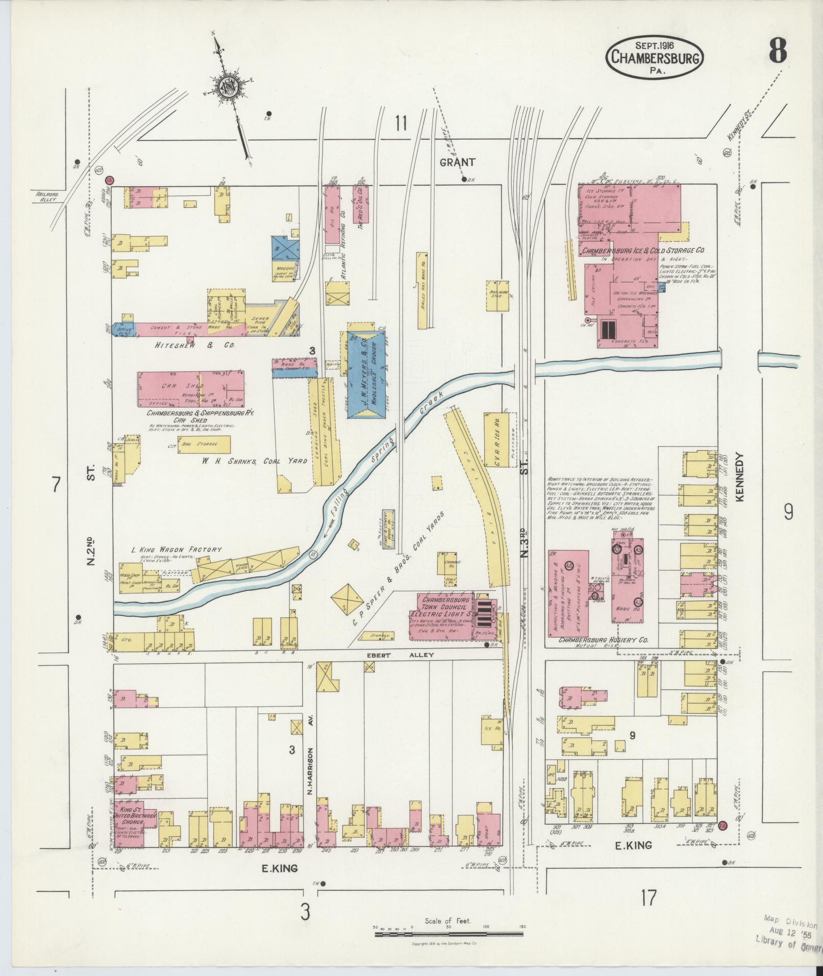 Sanborn Fire Insurance Map from Chambersburg, Franklin County, Pennsylvania (1916), Sheet #0008 - Historic Sanborn Fire Insurance Map Print, vintage old map wall art, antique decor, genealogy gift, Pennsylvania Pennsylvania map