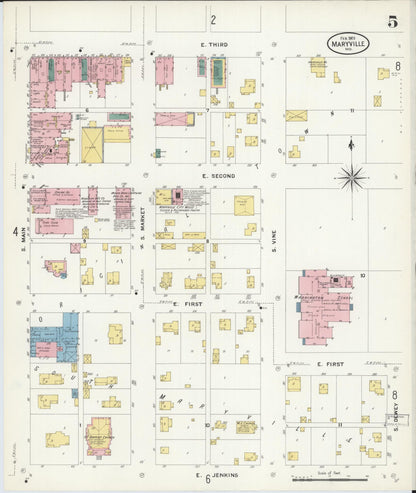 Sanborn Fire Insurance Map from Maryville, Nodaway County, Missouri (1909), Sheet #0005 - Historic Sanborn Fire Insurance Map Print, vintage old map wall art, antique decor, genealogy gift, Missouri Missouri map