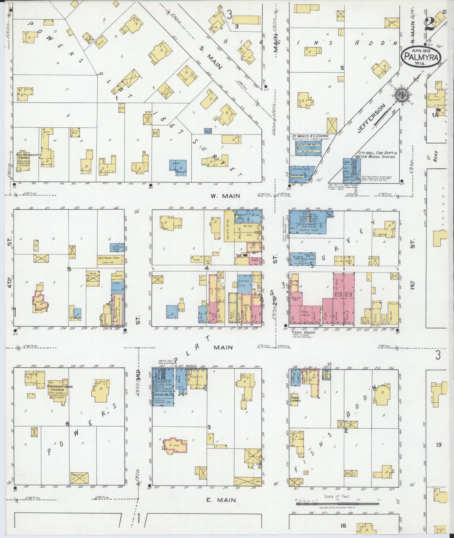 Sanborn Fire Insurance Map from Palmyra, Jefferson County, Wisconsin (1919), Sheet #0002 - Complete Map Set gallery image, historic Sanborn map, vintage wall art, Wisconsin Wisconsin