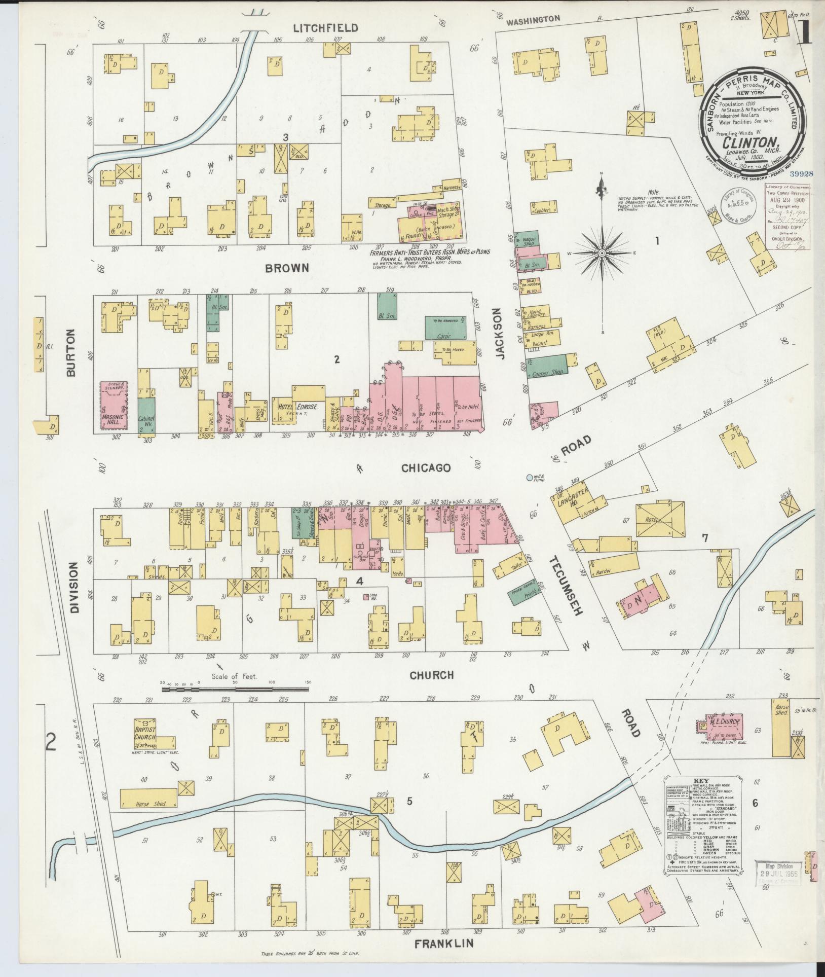 Sanborn Fire Insurance Map from Clinton, Lenawee County, Michigan (1900), Sheet #0001 - Historic Sanborn Fire Insurance Map Print, vintage old map wall art, antique decor, genealogy gift, Michigan Michigan map