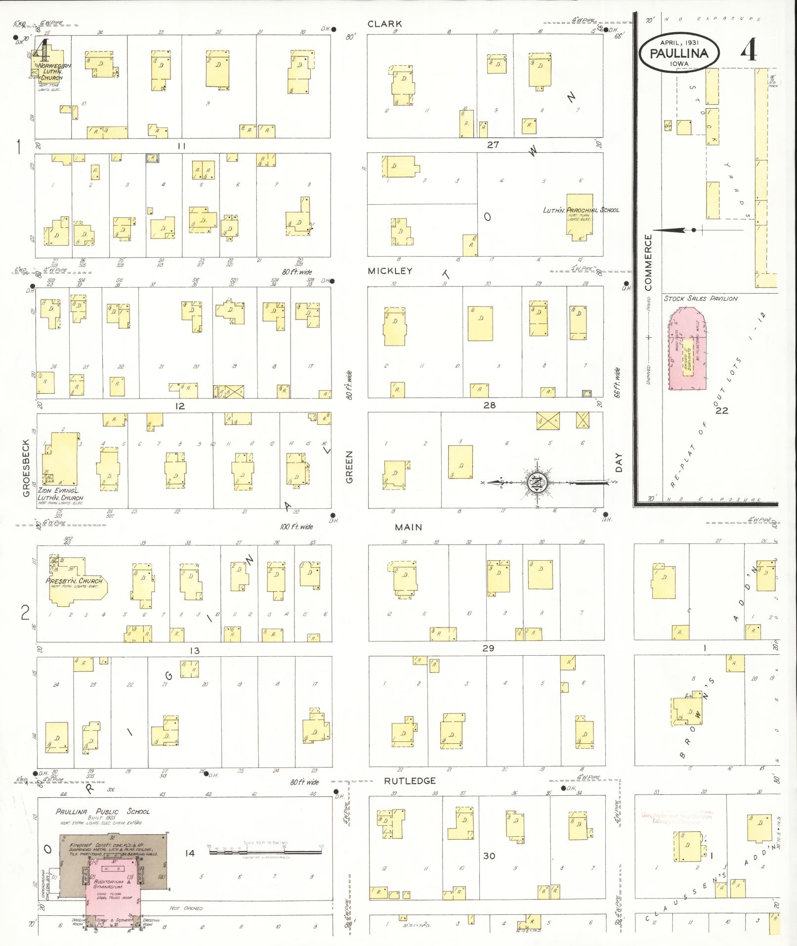 Sanborn Fire Insurance Map from Paullina, O'Brien County, Iowa (1931), Sheet #0004 - Historic Sanborn Fire Insurance Map Print, vintage old map wall art