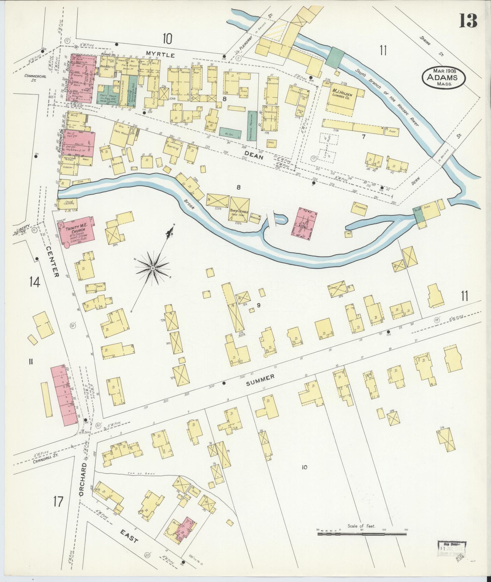Sanborn Fire Insurance Map from Adams, Berkshire County, Massachusetts (1908), Sheet #0013 - Complete Map Set gallery image, historic Sanborn map, vintage wall art, Massachusetts Massachusetts