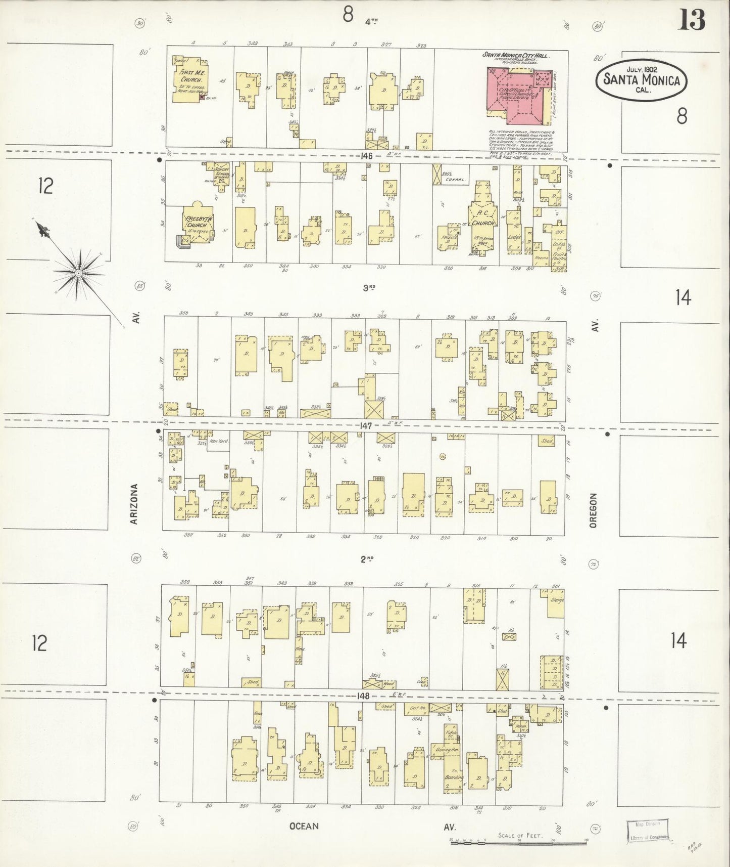 Sanborn Fire Insurance Map from Santa Monica, Los Angeles County, California (1902), Sheet #0013 - Complete Map Set gallery image, historic Sanborn map, vintage wall art, California California