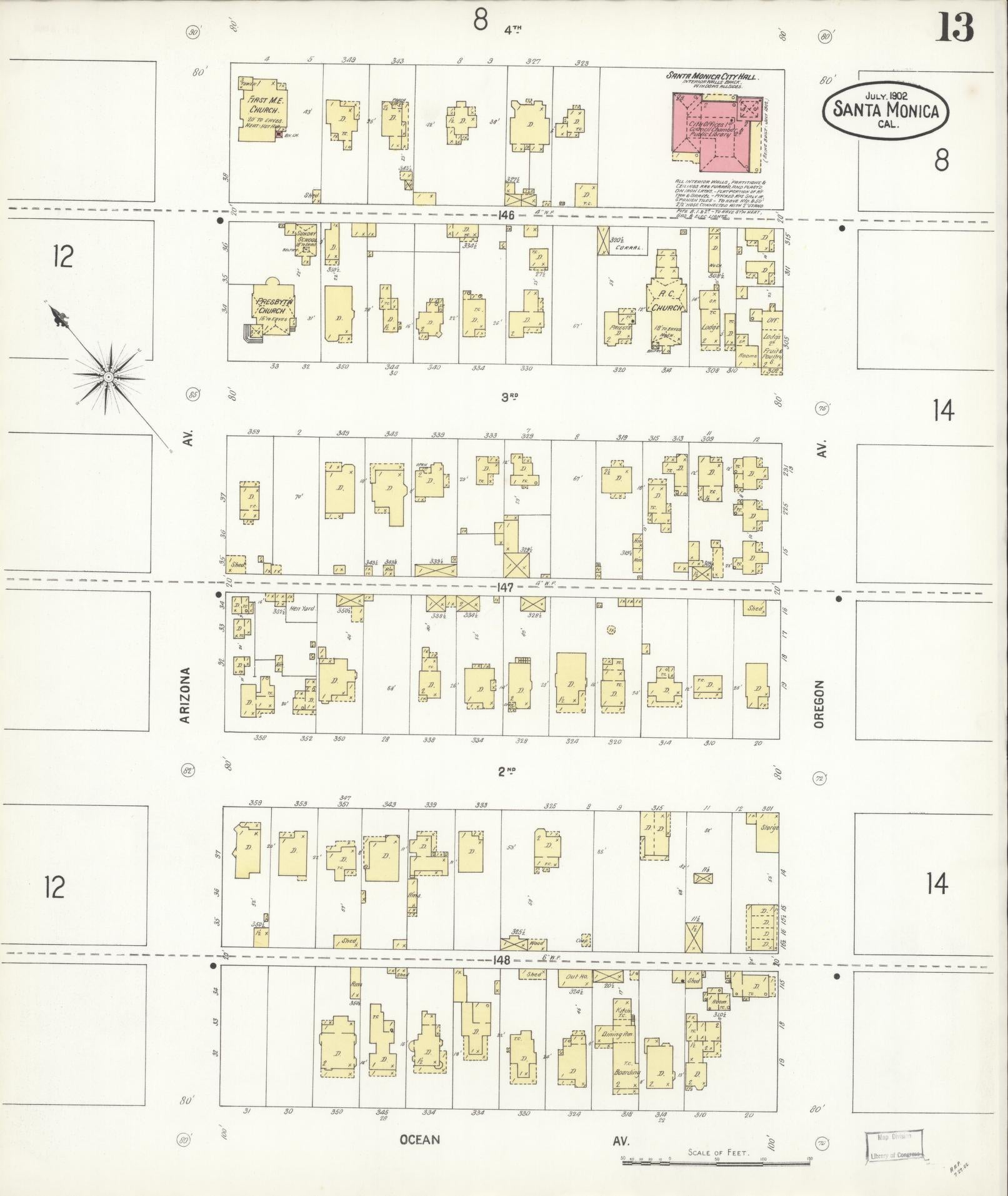 Sanborn Fire Insurance Map from Santa Monica, Los Angeles County, California (1902), Sheet #0013 - Complete Map Set gallery image, historic Sanborn map, vintage wall art, California California